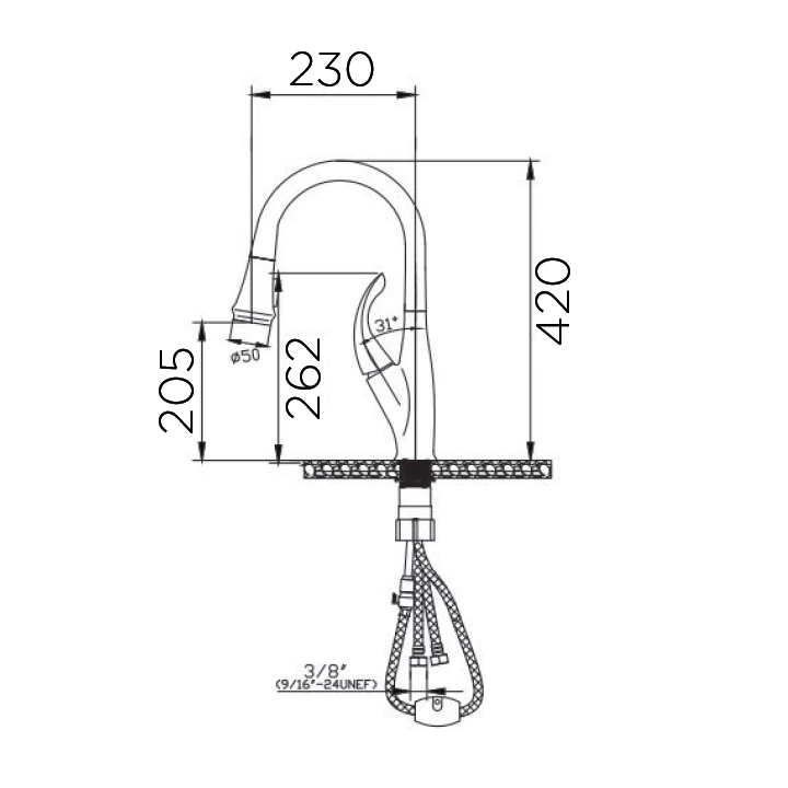 Deck Mounted Single Lever Brass Kitchen Tap - Pull Down Sprayer, Hot & Cold, Custom Color Choices