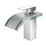 Hot & Cold Brass Waterfall Basin Tap - Glass Spout, Deck Mounted
