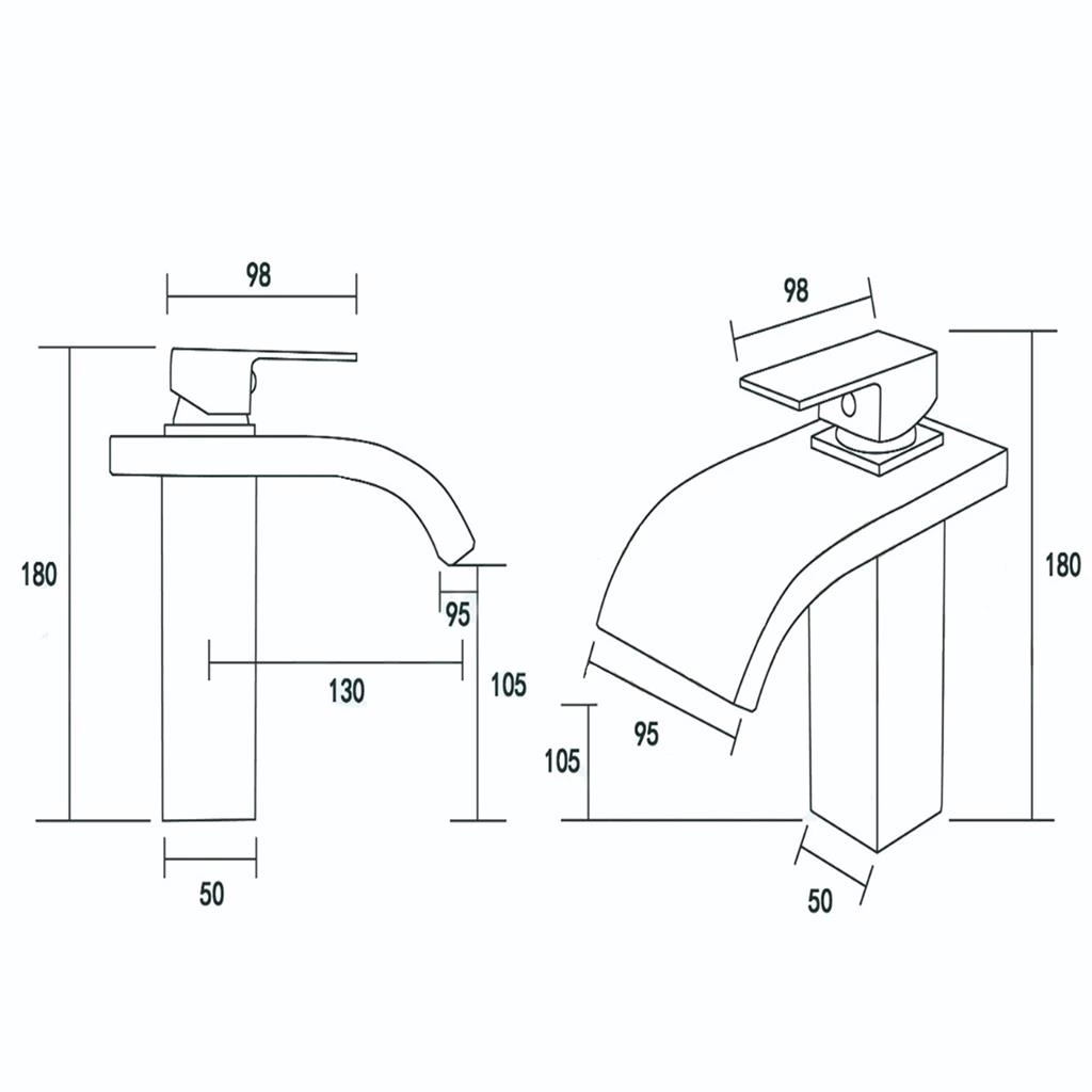 Hot & Cold Brass Waterfall Basin Tap - Glass Spout, Deck Mounted