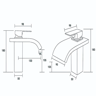 Hot & Cold Brass Waterfall Basin Tap - Glass Spout, Deck Mounted