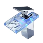 Hot and Cold Brass Waterfall Faucet for Bathroom - LED Feature, Glass Spout, Deck Installation