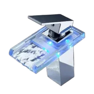 Hot and Cold Brass Waterfall Faucet for Bathroom - LED Feature, Glass Spout, Deck Installation