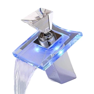 Deck Mounted LED Waterfall Bathroom Sink Tap - Brass Construction, Glass Spout
