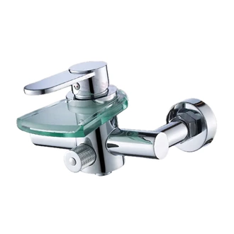 Premium Brass Waterfall Bathroom Basin Tap with Glass Spout - Wall Mounted