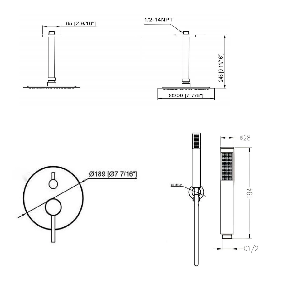 Système de douche monté au plafond Ensemble de douche encastré Pommeau de douche chromé