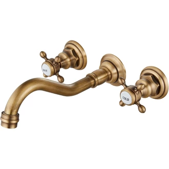 Wall Mounted Double Handle Basin Faucet - Solid Brass, Antique Brass