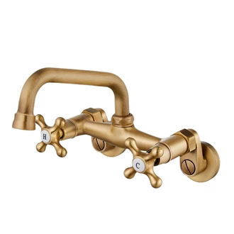 Hot & Cold Antique Brass Bathroom Faucet - Wall Mount, Two Handles