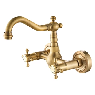 Wall Mount Basin Mixer Tap in Antique Brass - Two Handle Control