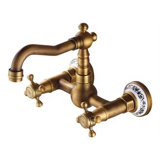 Antique Brass Wall Mounted Bathroom Faucet - Dual Handle Mixer