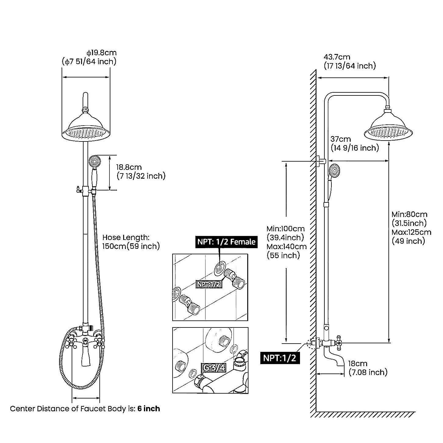 Brass shower system shower heads and handheld combo