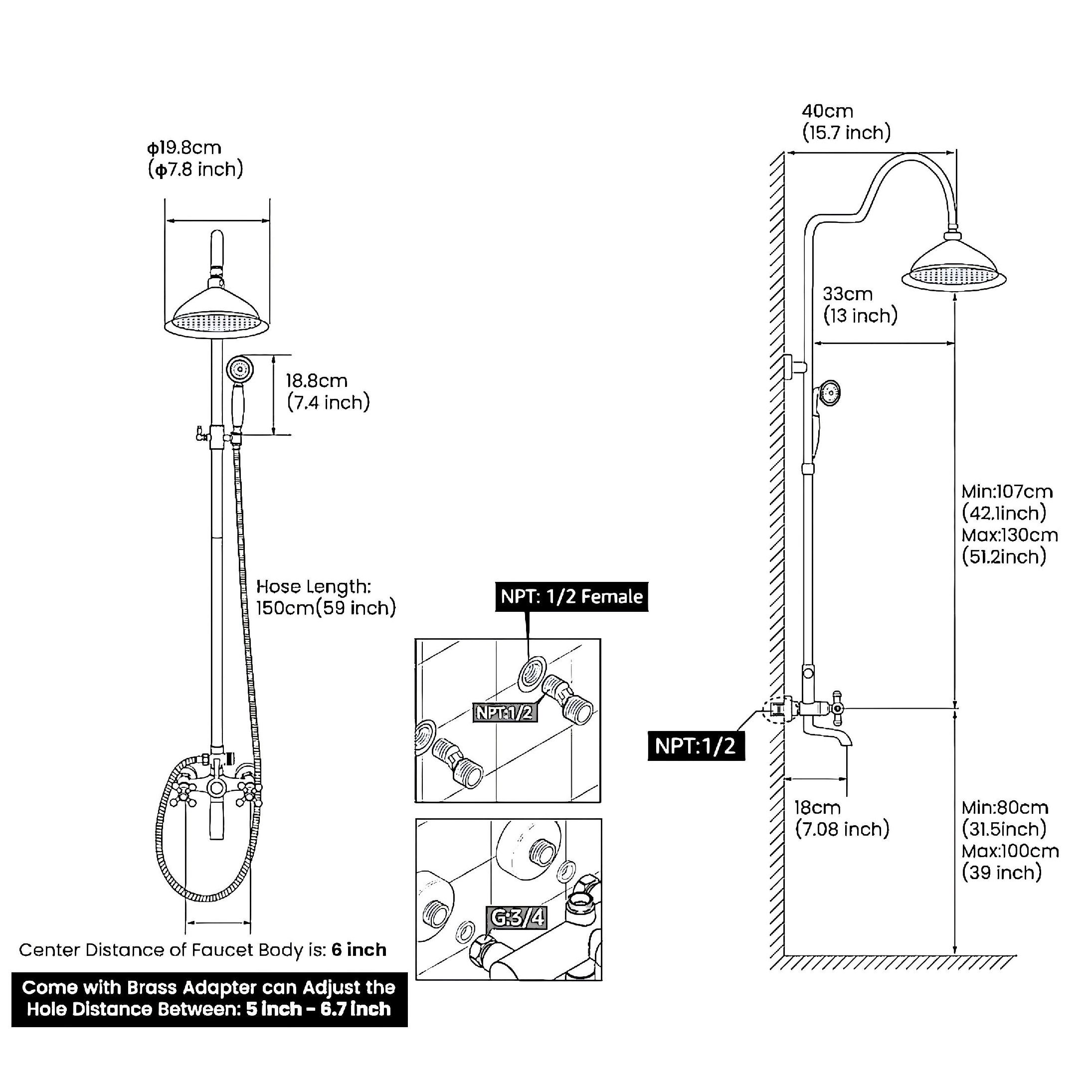 Exposed Bathroom rainfall Brass wall mounted shower system shower set